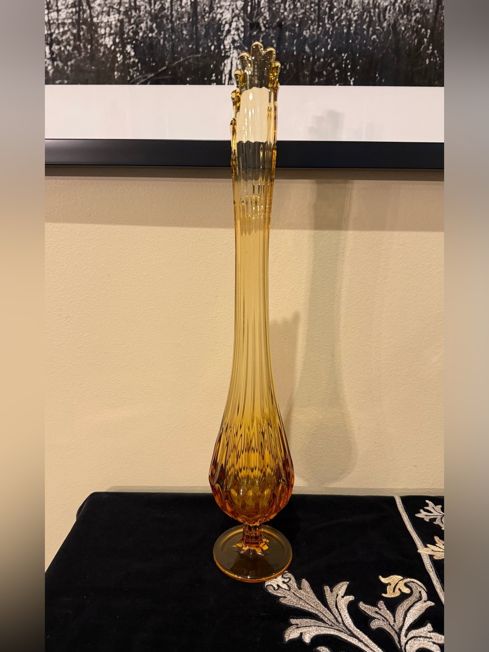 Fenton Colonial Amber Thumbprint Swung Vase 18.5" Vintage MCM Glass - Picture 3 of 11